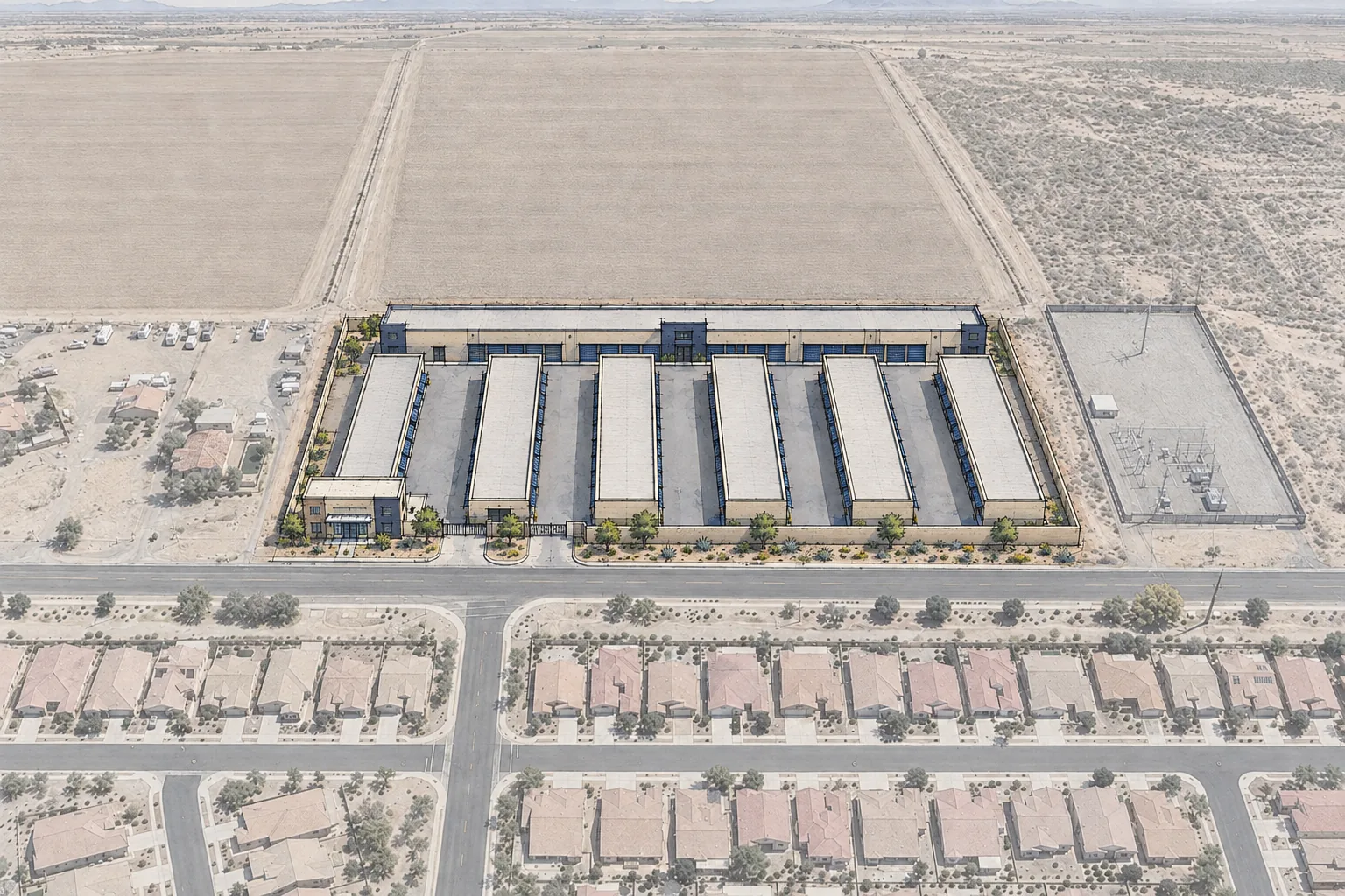 Sketch-style concept study of a self-storage facility with rows of single-storey buildings on the same parcel