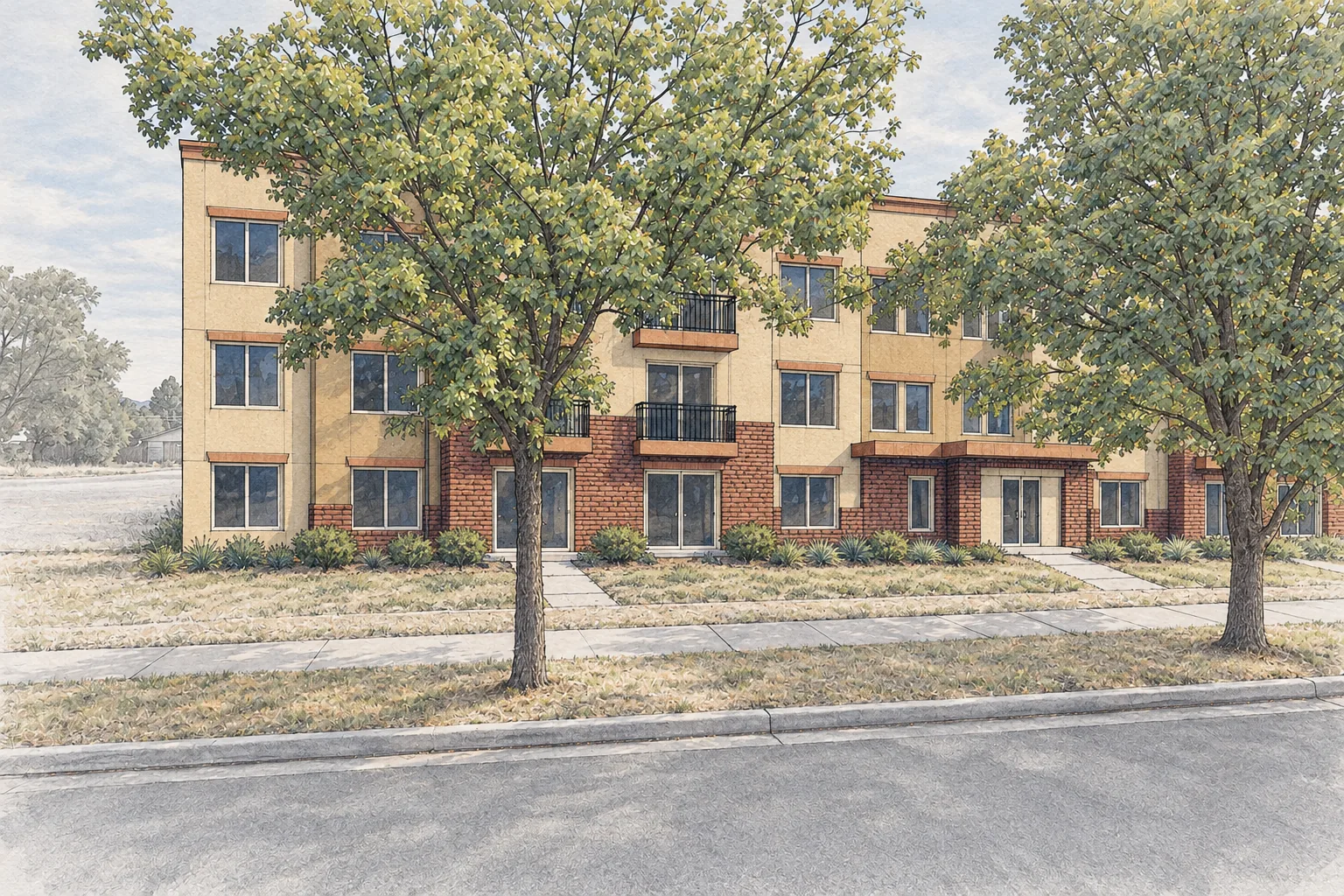 Concept rendering of a three-storey residential building along the same street frontage, behind the existing street trees