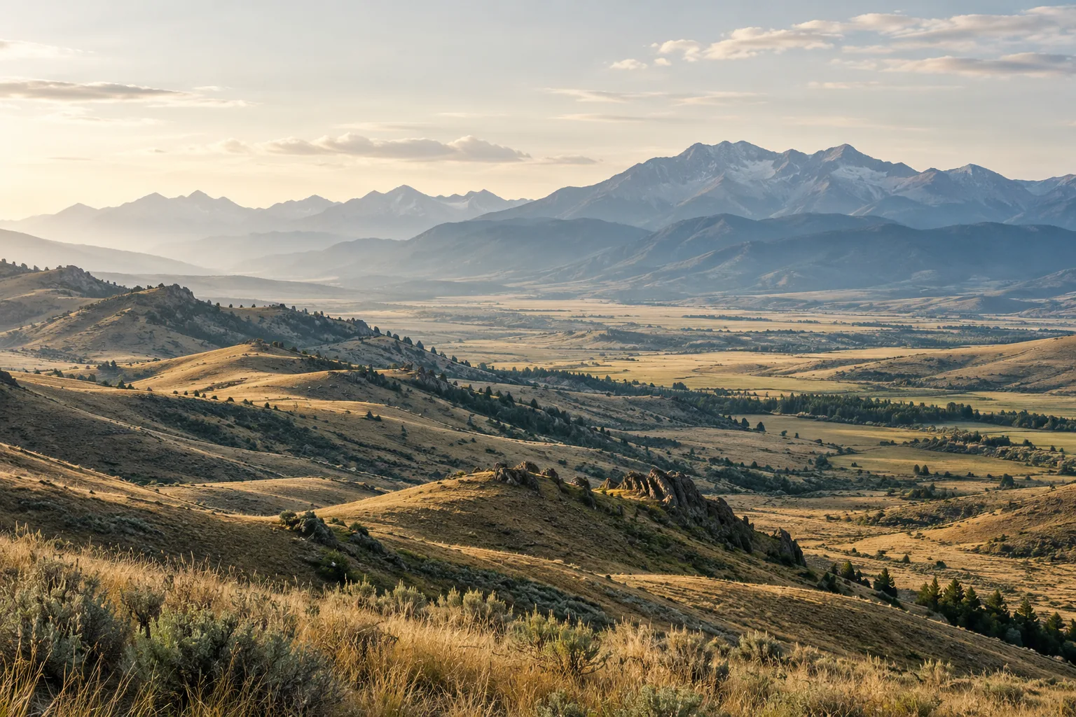Illustrative landscape of layered western foothills and a broad mountain valley