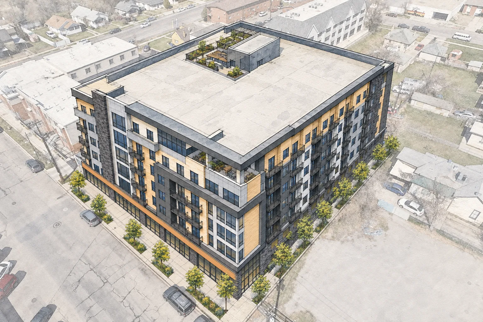 Concept rendering of a proposed seven-story residential building on the same block