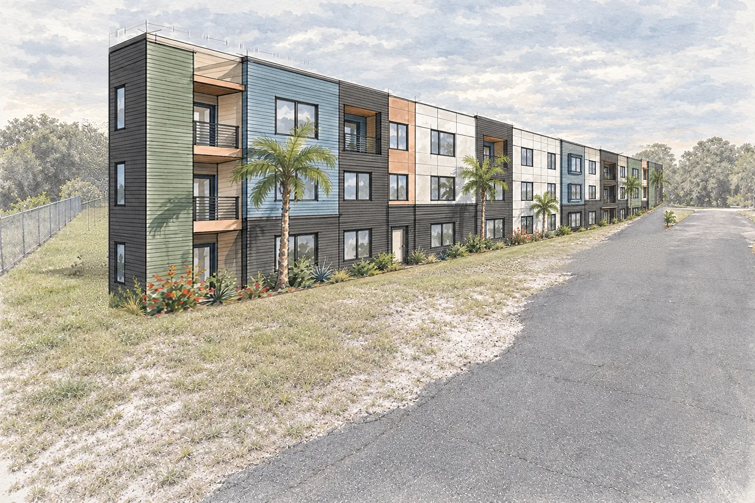 Concept rendering of a three-storey apartment building along the drive on the same lot