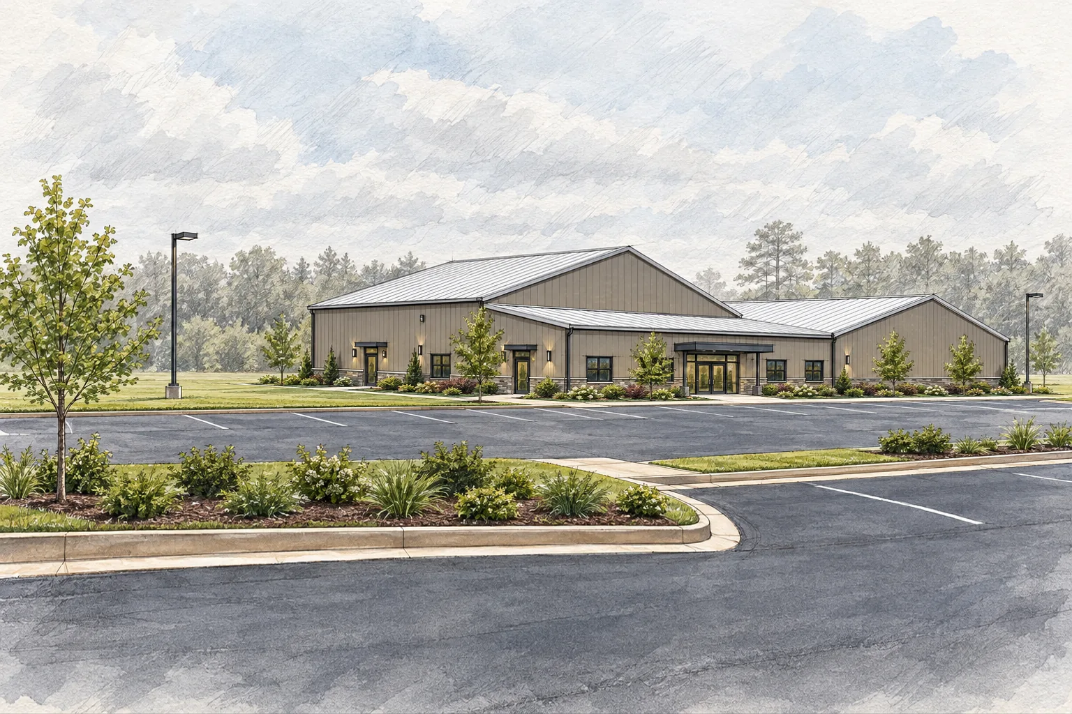 Concept rendering of the same buildings with refreshed exteriors, new entries, landscaping and restriped parking